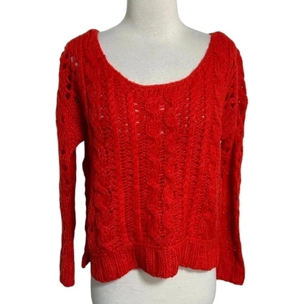 Free People Red Cable Knit Mohair Blend Cropped Sweater XS